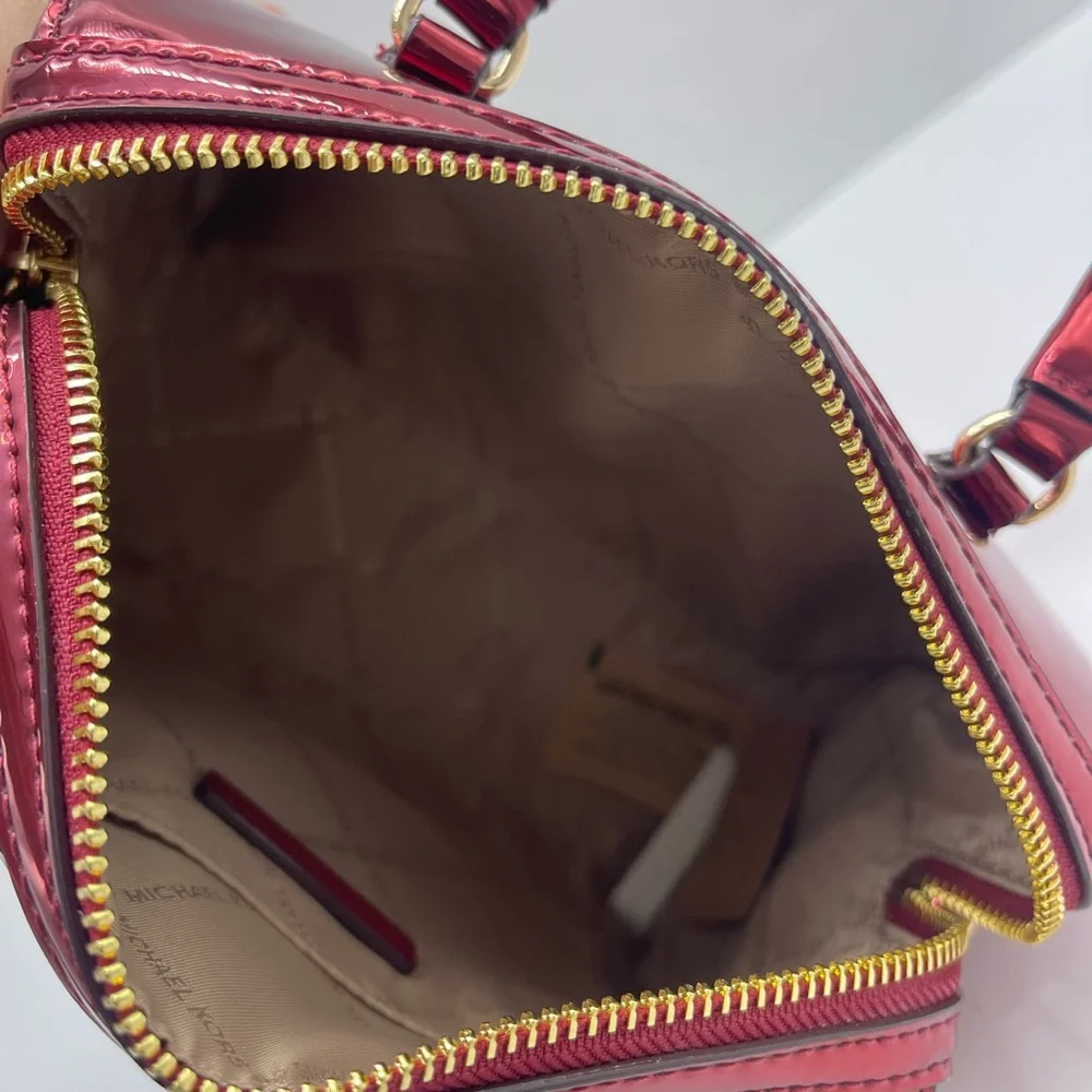 MICHAEL KORS Jet Set Sm Metallic Convertible Crossbody Duffle XBODY Cherry NWT